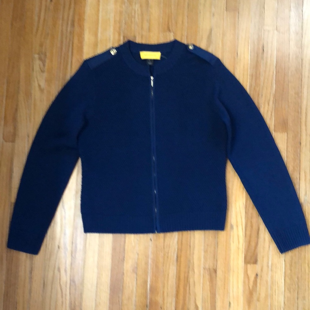 St John blue zip up cardigan sweater. Size P